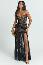 Lace Sweetheart Spaghetti Strap Ruched Bustier High Split Mermaid Maxi Dress