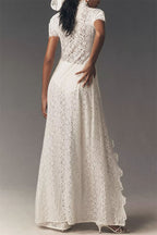 Elegance Avant-garde Floral Lace Short Sleeve High Low Top and High Rise Wide Leg Pants Set