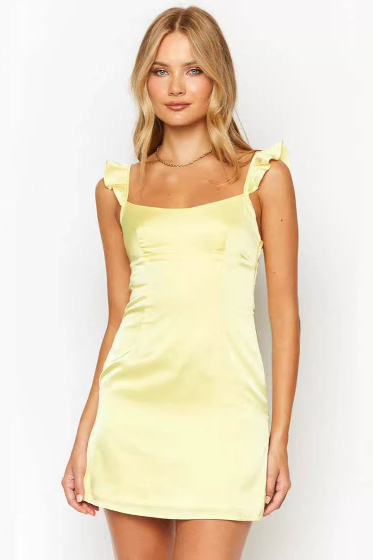 Satin Square Neck Ruffle Strap Princess Seam Bodycon Mini Dress