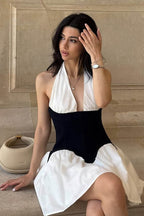 Halter Deep V-Neck Corset Overlay Pleated Mini Dress