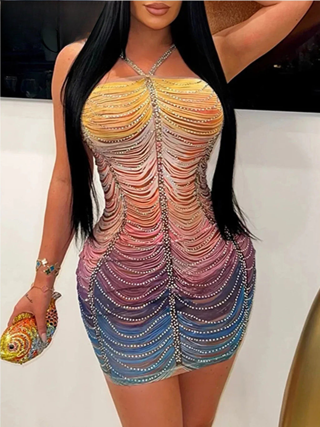 Rhinestone Fringe Layered Halter Neck Bodycon Mini Dress