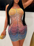 Rhinestone Fringe Layered Halter Neck Bodycon Mini Dress