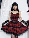 Plaid Bow Front Lace Trim Tiered Spaghetti Strap Mini Dress