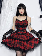Plaid Bow Front Lace Trim Tiered Spaghetti Strap Mini Dress