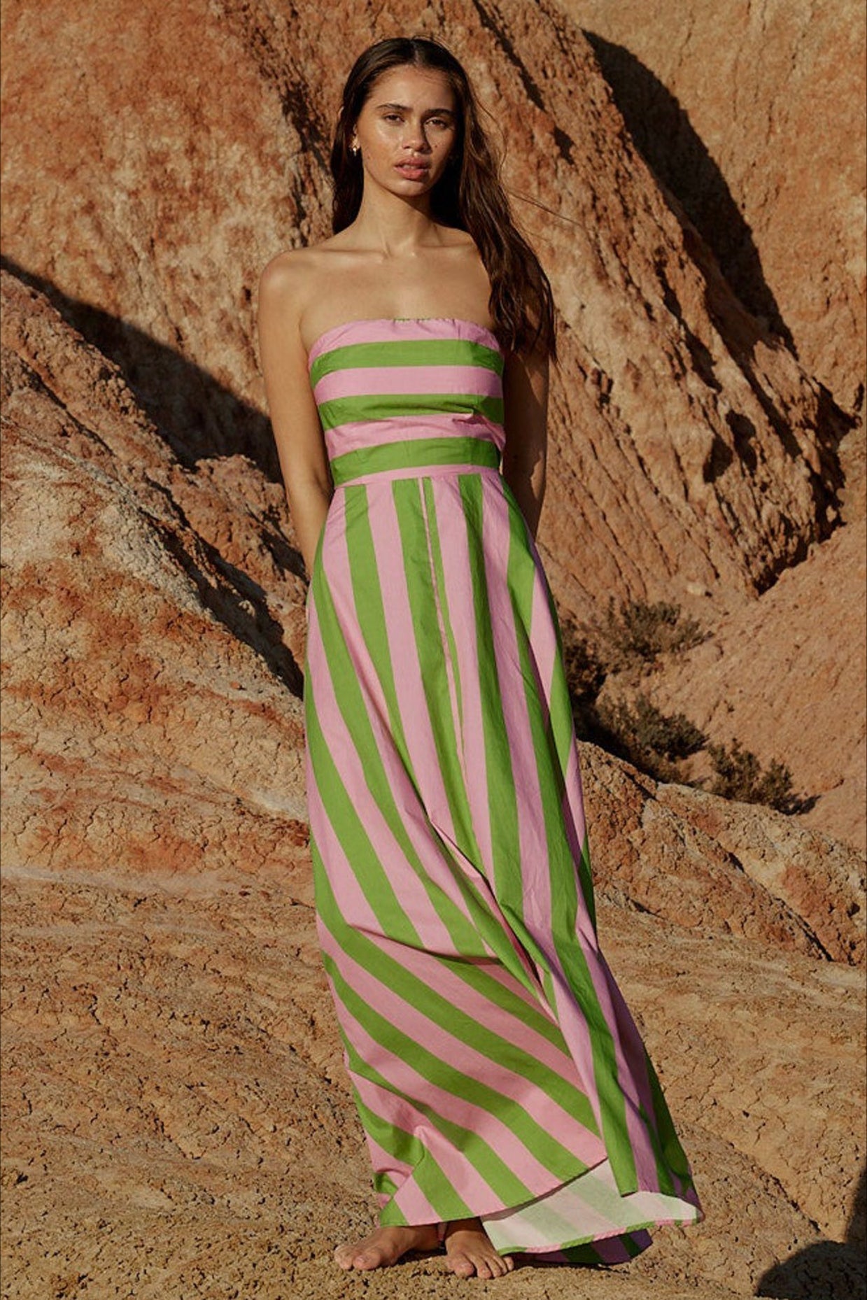 Spaghetti Strap Horizontal Diagonal Stripe A Line Maxi Dress