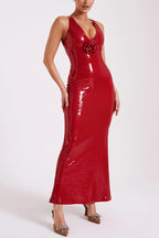Sequin Deep V-Neck 3D Floral Applique Bodycon Maxi Gown