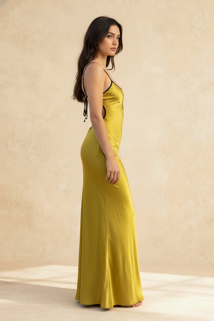 Satin Deep V-Neck Keyhole Spaghetti Strap Backless Maxi Gown