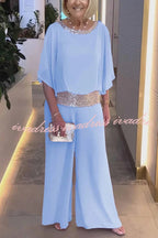 Stylish Sequin Patchwork Dolman Sleeve Top and Elastic Waist Wide Leg Pants Set