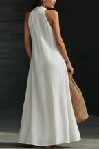 Linen Blend Solid Color Loose V-neck Pocket Casual Maxi Dress