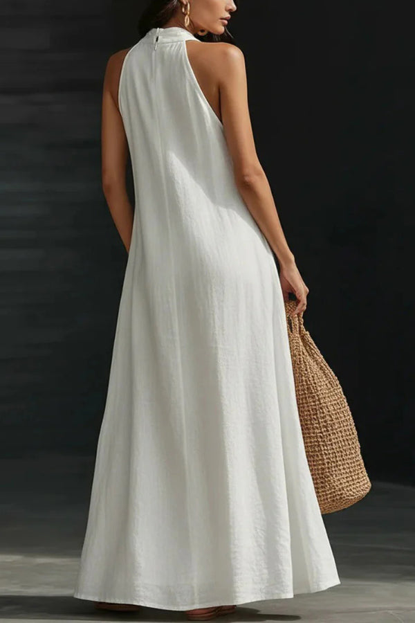Linen Blend Solid Color Loose V-neck Pocket Casual Maxi Dress