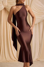 Satin One Shoulder Draped Sash Mermaid Cocktail Midi Dress