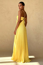 Pleated Halter Neck Cross Strap Keyhole Waist Cut Out Maxi Dress