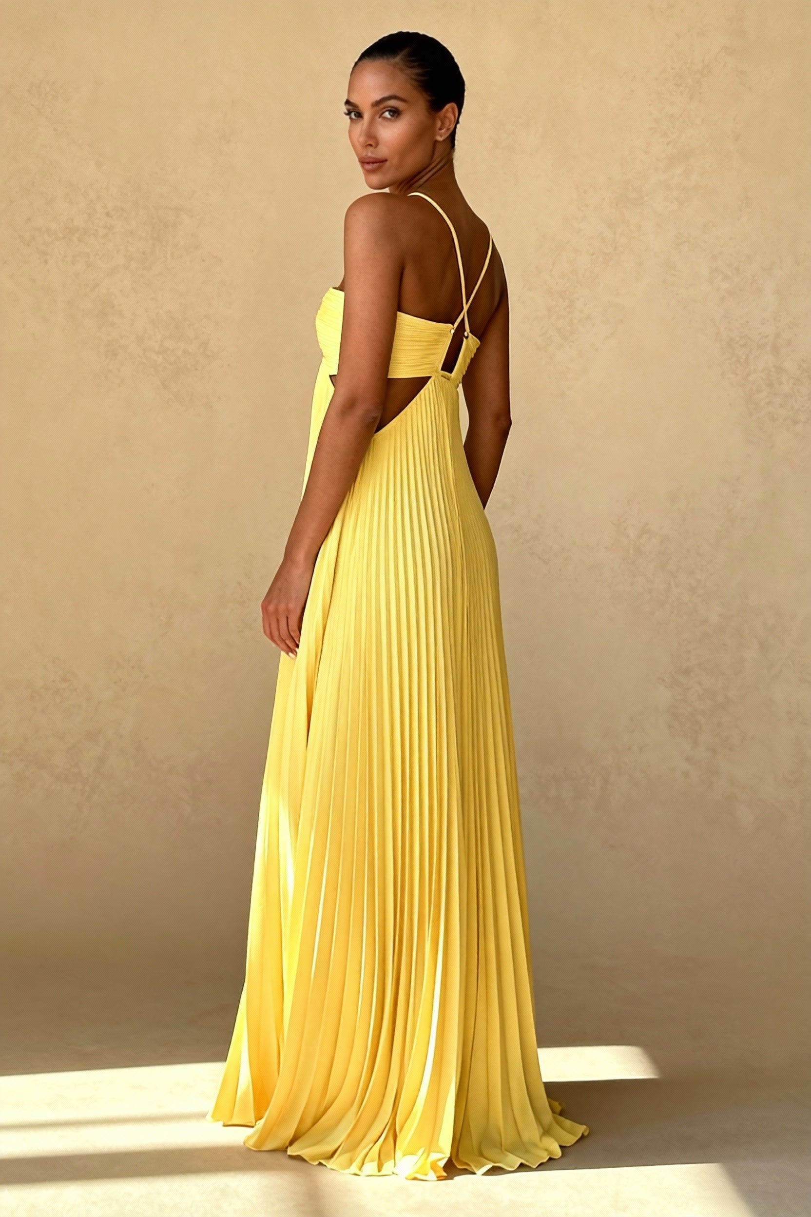 Pleated Halter Neck Cross Strap Keyhole Waist Cut Out Maxi Dress