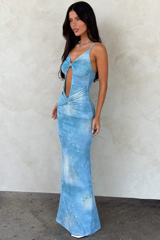 Blue Spaghetti Strap Deep V Twist Cutout Butterfly Print Bodycon Maxi Dress