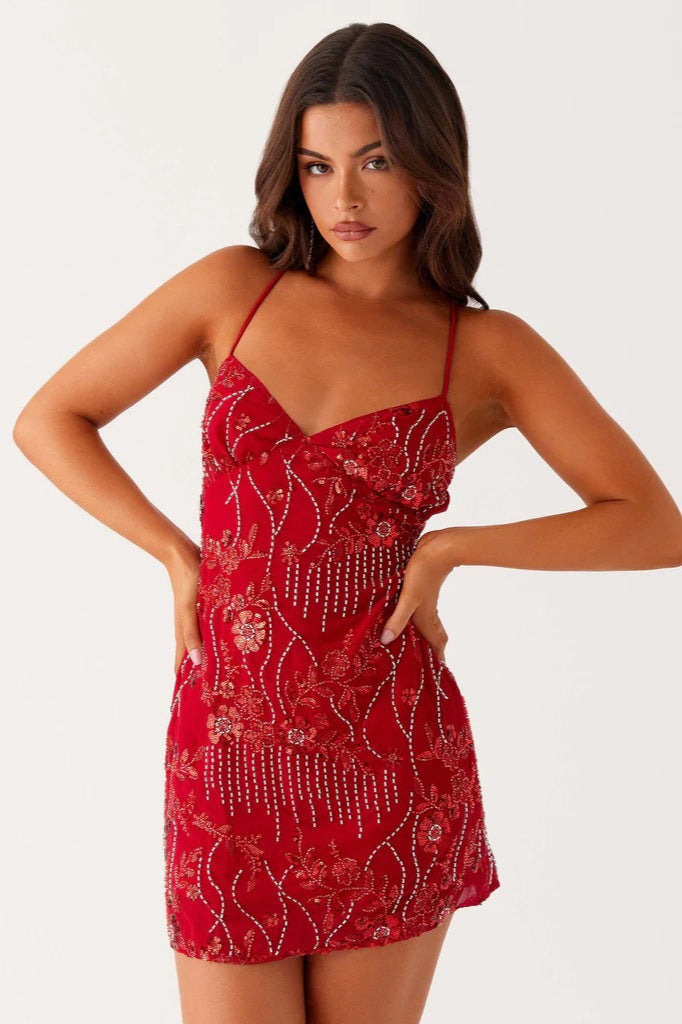 Floral Embroidered Beaded Mesh Spaghetti Strap Sweetheart Bodycon Mini Dress