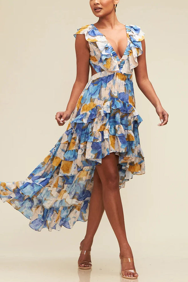 Plunging V-Neck Ruffle Tiered High-Low Floral Maxi Dress
