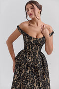 Floral Lace Off Shoulder Corset Bodice Pleated Fit and Flare Mini Dress