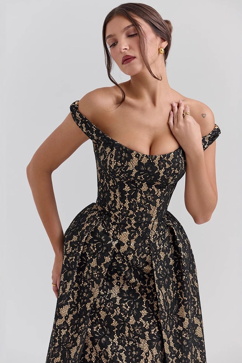 Floral Lace Off Shoulder Corset Bodice Pleated Fit and Flare Mini Dress