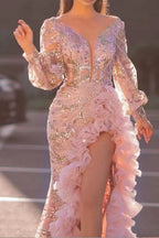 Sequin Lace Deep V-Neck Bishop Sleeve Ruffle High Split Maxi Gown