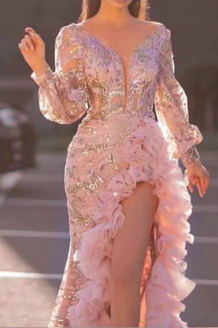 Sequin Lace Deep V-Neck Bishop Sleeve Ruffle High Split Maxi Gown