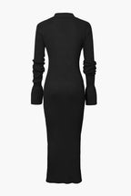 Rib Knit Polo Collar Button Front Flared Cuff Maxi Dress