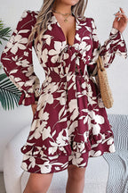 Floral Print Tie Front Deep V-Neck Smocked Waist Tiered Ruffle Mini Dress