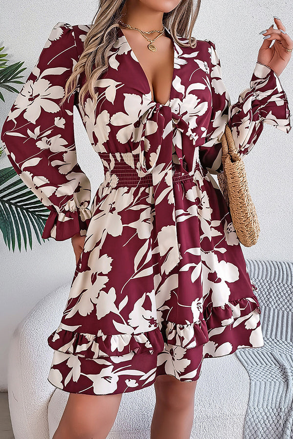 Floral Print Tie Front Deep V-Neck Smocked Waist Tiered Ruffle Mini Dress