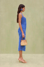 Cord Floral Applique Halter Neck Open Knit Bodycon Midi Dress