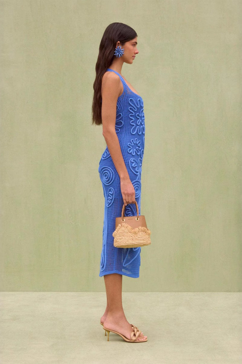Cord Floral Applique Halter Neck Open Knit Bodycon Midi Dress