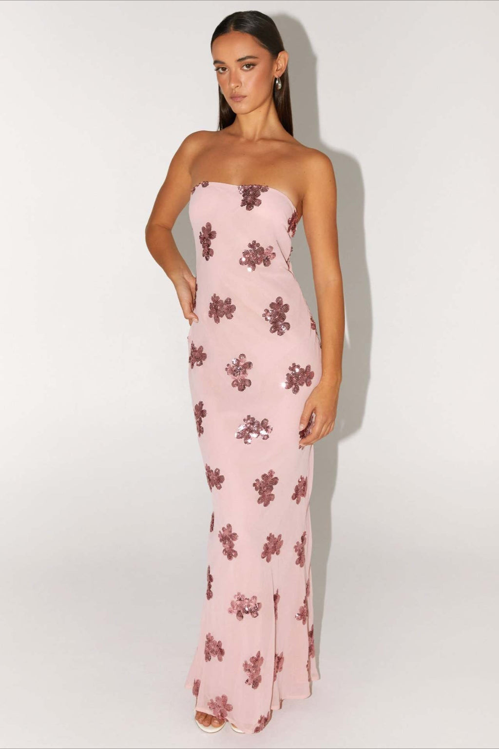 Pink Strapless Sequin Floral Embroidery Column Maxi Dress