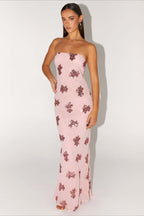 Pink Strapless Sequin Floral Embroidery Column Maxi Dress