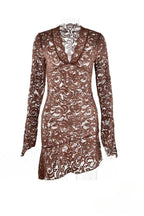Floral Lace Deep V-Neck Bell Sleeve Asymmetric Ruffle Hem Mini Dress