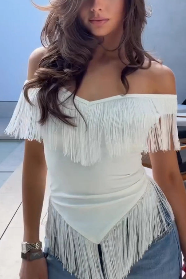 Solid Color V-neck Off-shoulder Tassel Fitted Top