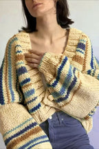 Relaxed V Neck Color Block Knit Cardigan
