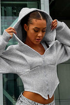 Chic Solid Cinched Uneven Short Hoodie