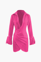 Collar Deep V Neck Tie Cuff Wrap Shirt Mini Dress