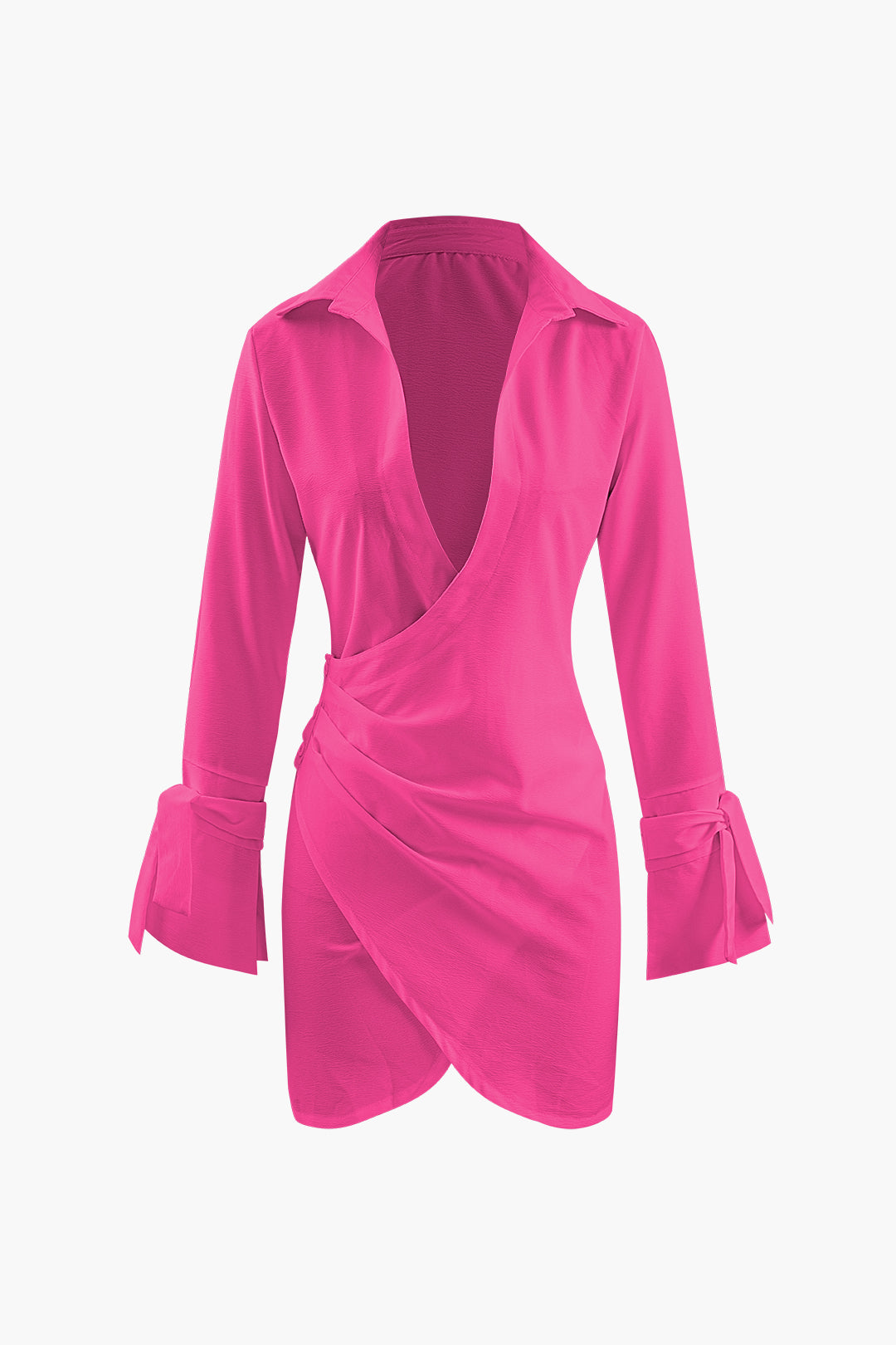 Collar Deep V Neck Tie Cuff Wrap Shirt Mini Dress