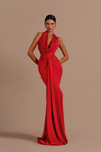 Satin Halter Neck Cowl Draped Knot Waist Front Panel Column Maxi Gown