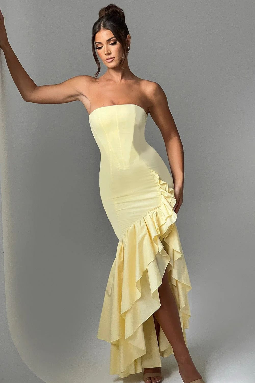 Strapless Corset Bustier High Split Ruffle Hem Maxi Dress