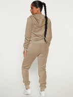 Velour Zip Up Slim Fit Hoodie Jogger Set For Women 2026