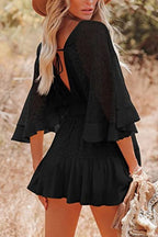 Deep V Neck Smocked Waist Lace Flutter Sleeve Button Front Tiered Mini Dress