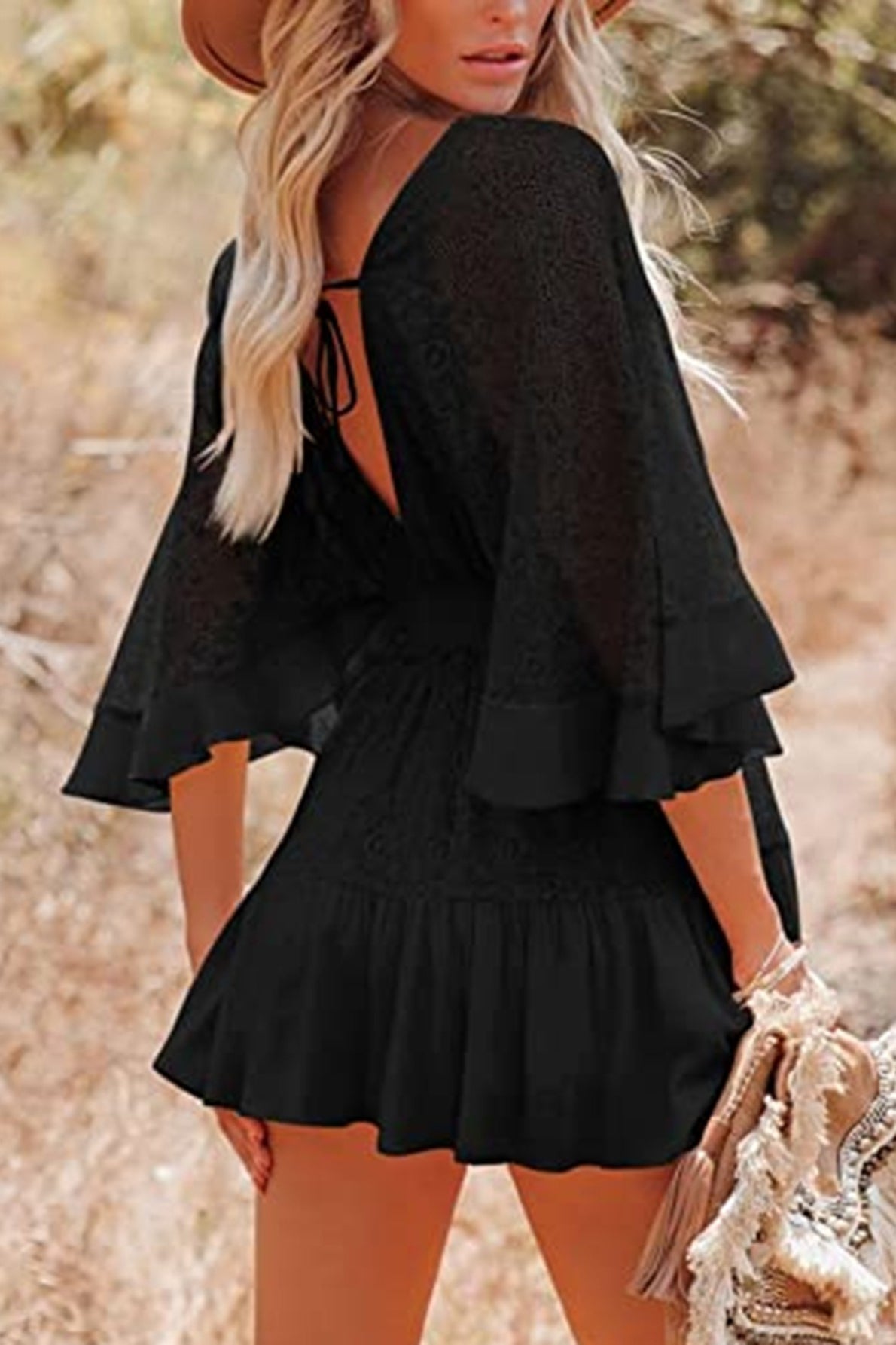 Deep V Neck Smocked Waist Lace Flutter Sleeve Button Front Tiered Mini Dress