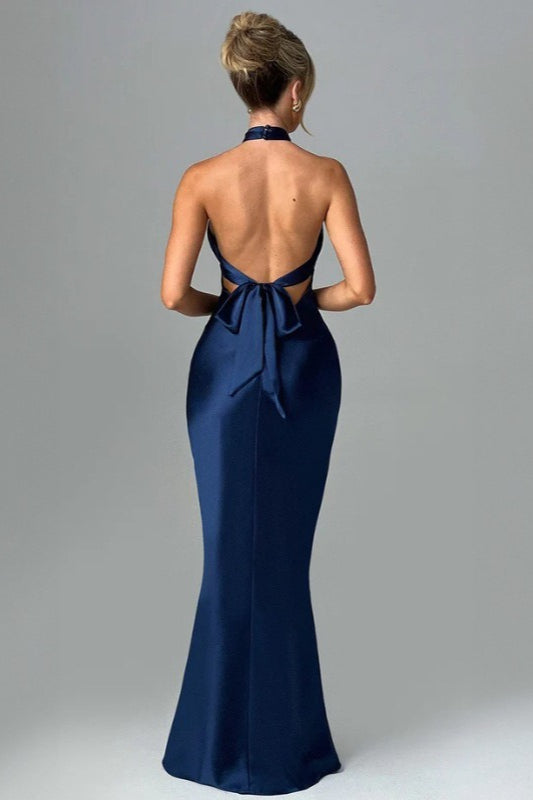 Satin Crossover Halter Gathered Bust Column Maxi Gown