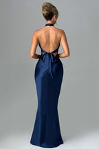 Satin Crossover Halter Gathered Bust Column Maxi Gown