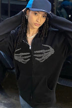Retro Skull Hand Print Zip-Up Hoodie