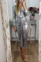 Metallic Ruched Knot Front Deep V-Neck Three Quarter Sleeve Midi Dress