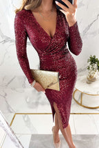 Deep V-Neck Wrap Sequin Long Sleeve Side Slit Midi Dress