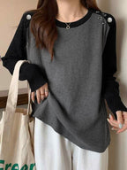 Contrast Color Splice Metal Decor Long Sleeve Knit