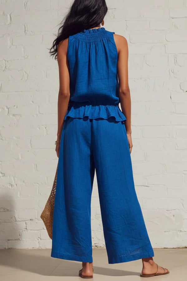 Linen Blend Round Neck Sleeveless Ruffled Top and Elastic Waist Casual Pocket Wide-leg Pants Set