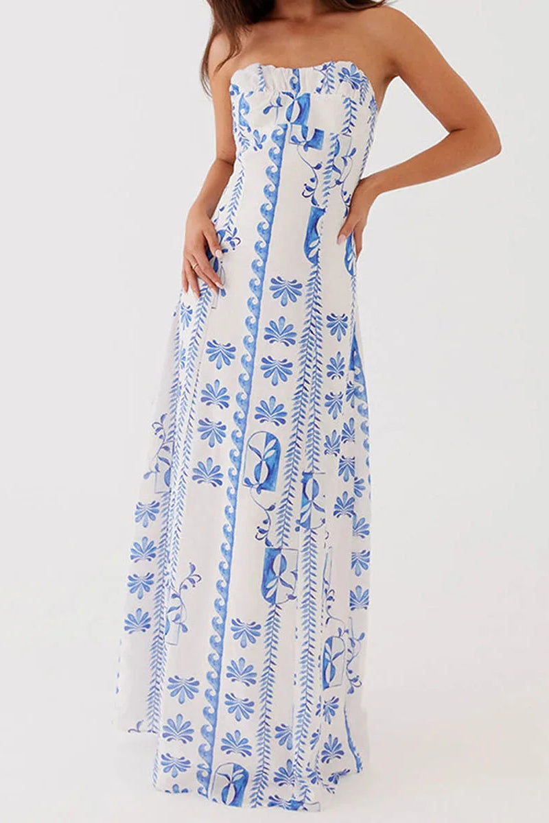Floral Tile Print Strapless Ruffle Trim Bodycon Maxi Summer Dress